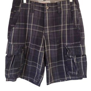 MOSSIMO Men's Cargo Shorts 100%Cotton Gray Plaid Zipper 6 Pockets 30 Waist